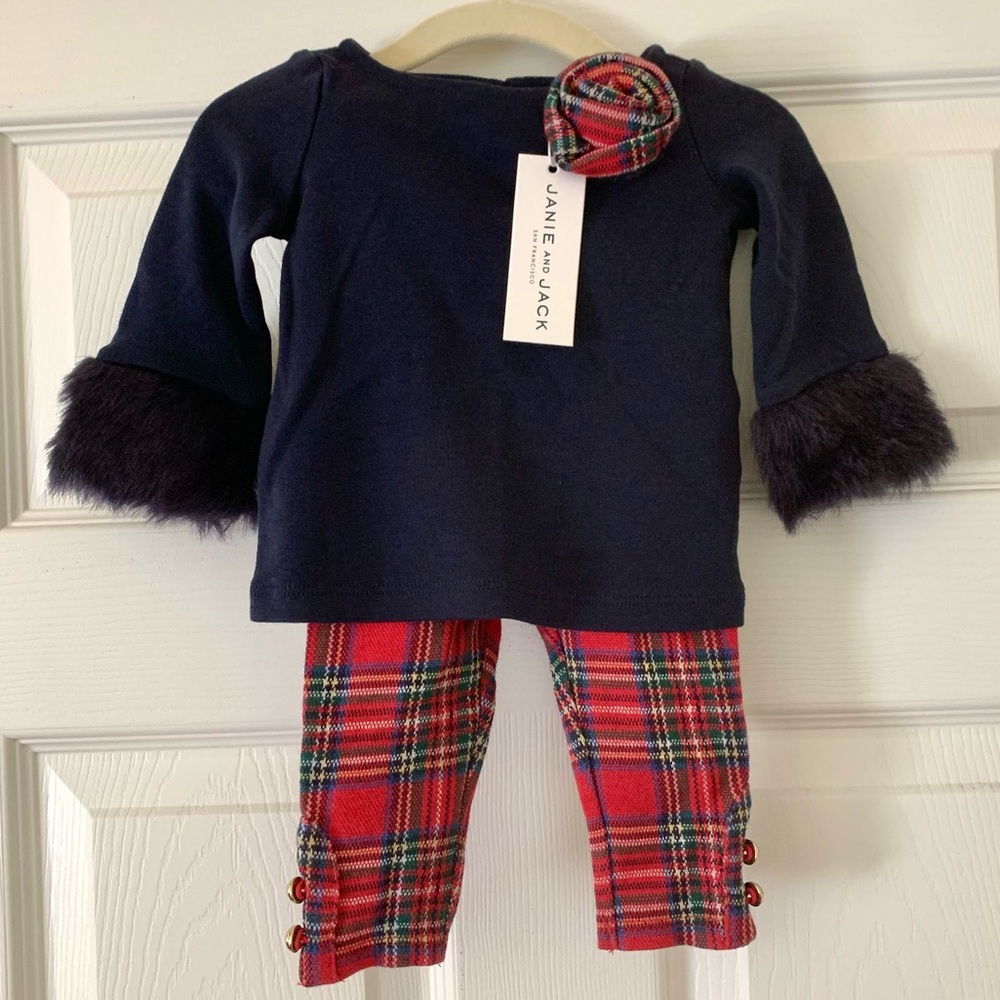 NWT Janie and Jack Baby Holiday Plaid Outfit, Tartan Leggings + Fur-Trim Top Set
